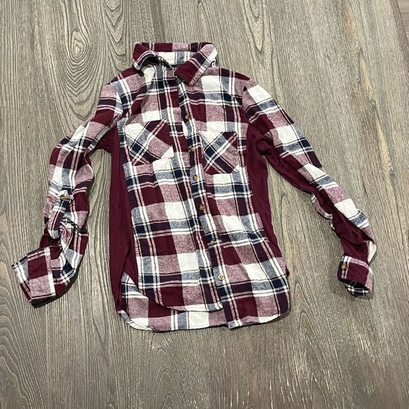 Polly & Esther Button Up Shirt Plaid Flannel Stretch Panel Burgundy Size Small - Picture 1 of 3